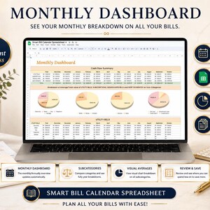 Monthly dashboard for Smart Bill Calendar Spreadsheet showing bill breakdowns, cash flow summary, categories and yearly overview