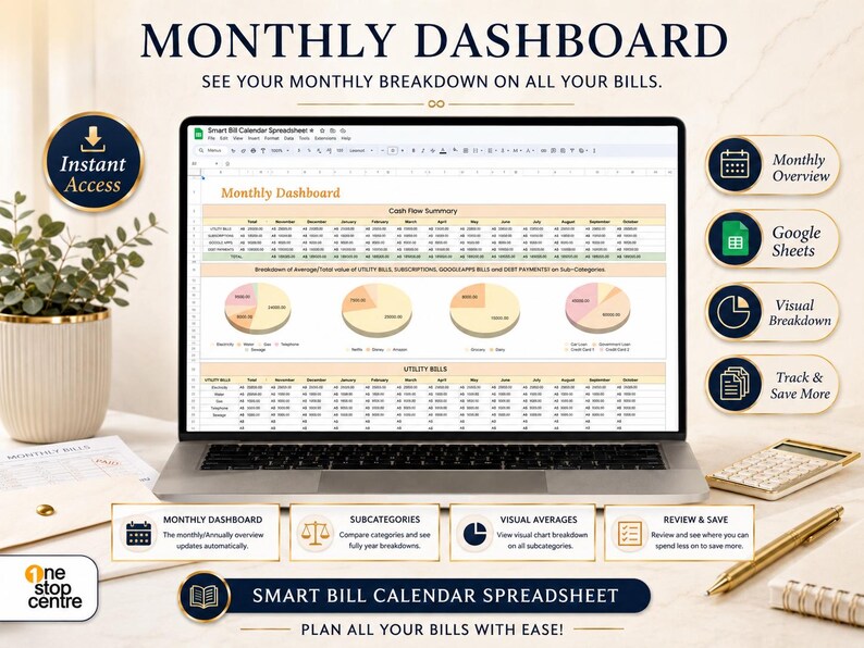 Monthly dashboard for Smart Bill Calendar Spreadsheet showing bill breakdowns, cash flow summary, categories and yearly overview