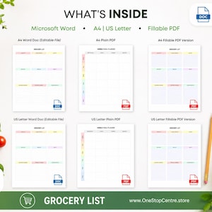 Grocery list template bundle showing Microsoft Word, plain PDF and fillable PDF files in A4 and US Letter sizes