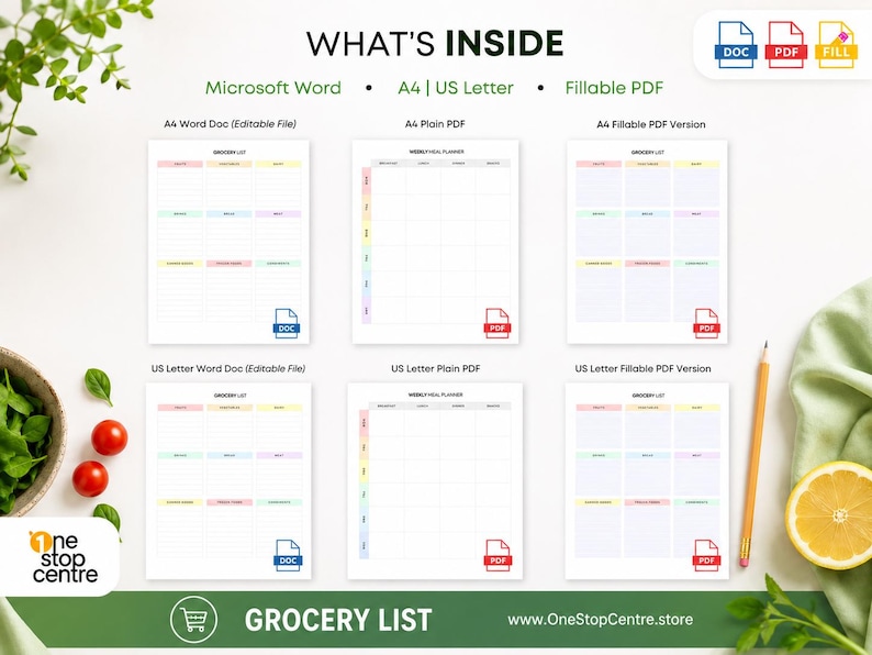Grocery list template bundle showing Microsoft Word, plain PDF and fillable PDF files in A4 and US Letter sizes