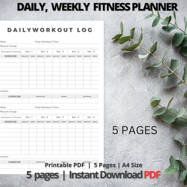 Fitness Workout Tracker Printable, Daily Exercise Planner, Weekly Workout Tracker, Gym Training Log,Fitness Planner, A4 Size, 5 pages, Clean