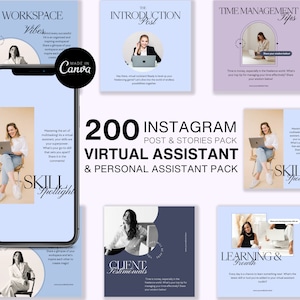 Virtual Assistant Instagram Templates: 200 Canva Posts & Stories (Editable)