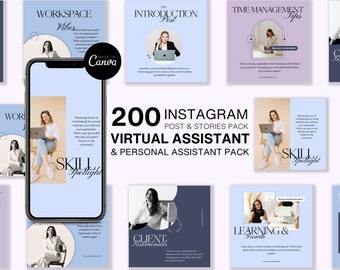Virtual Assistant Instagram Templates: 200 Canva Posts & Stories (Editable)