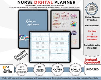 May include: A digital planner for nurses with 291 pages, 130 cover pages, and 140+ bonus stickers. The planner is gender neutral and includes a complete guide. It is compatible with iPad and Android devices and can be used with annotation apps like Goodnotes, Noteswriter, Notability, Notesshelf, and Xodo.