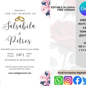 Minimalist White Rose Wedding Invitation Template, Personalise Wedding Invite, Printable Cards,  Invitation Templates, Wedding Inviting Card
