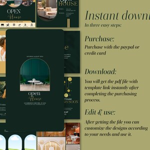 May include: A digital download for an open house flyer template. The template features a green and gold color scheme with an arched doorway and a table with chairs. The text "Open House" is written in gold lettering. The text "Instant Download" is written in black lettering. The text "In three easy steps" is written in black lettering. The text "Purchase: Purchase with the paypal or credit card" is written in black lettering. The text "Download: You will get the pdf file with template link instantly after completing the purchasing process." is written in black lettering. The text "Edit & use: After getting the file you can customize the designs according to your needs and use it." is written in black lettering.