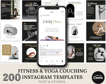 200 Yoga & Fitness Instagram Templates, Social Media Posts (Canva)