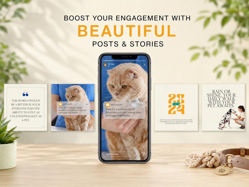 Pet care engagement posts and stories preview with cat wellness reminders, quote posts and pet lover content for Instagram.