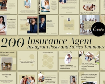 May include: A collage of images promoting insurance services. The images feature people, homes, cars, and text that reads "200 Insurance Agent Instagram Posts and Stories Templates".