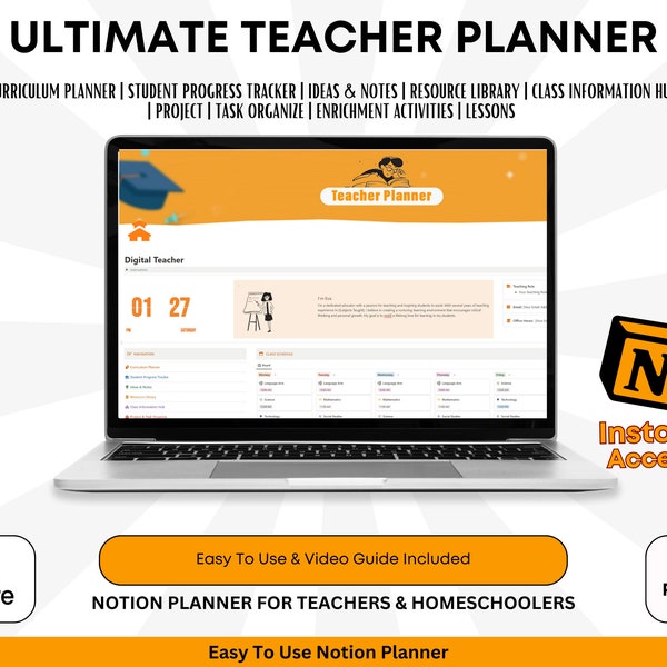 Teacher Notion Digital Planner Template, Ultimate Teachers Academic Notion Planners, Productivity Organizer Lesson Planning Notion Planner