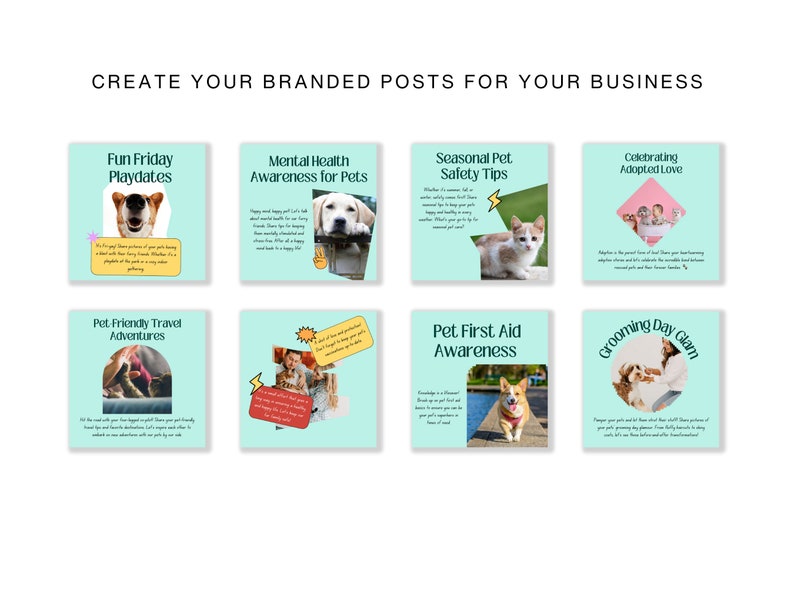 Pets Care and Accessories Instagram Business Marketing Templates, Posts and Stories for Instagram and Facebook – 200 Ready-Made Templates Fully Customizable in Canva's Free Version. using Canva's free version, Instagram post templates
