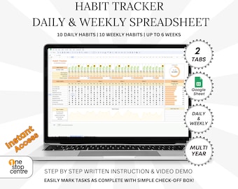 Habit Tracker Spreadsheet Google Sheets, Daily and Weekly Habit Tracker, Productivity Planner Template, Goal Tracker, Routine Tracker
