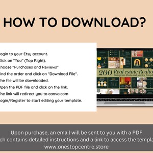 May include: A laptop screen displaying a digital product for sale, showing a preview of 200 Instagram post and story templates for real estate agents. The text "200 Real Estate Realtor Instagram Posts and Stories Templates" is visible on the screen. The laptop is on a light brown surface. The text "HOW TO DOWNLOAD?" is at the top of the image, and a list of instructions is below the laptop.