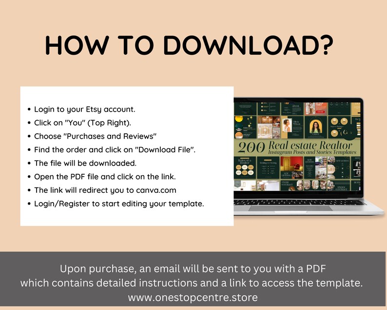 May include: A laptop screen displaying a digital product for sale, showing a preview of 200 Instagram post and story templates for real estate agents. The text "200 Real Estate Realtor Instagram Posts and Stories Templates" is visible on the screen. The laptop is on a light brown surface. The text "HOW TO DOWNLOAD?" is at the top of the image, and a list of instructions is below the laptop.