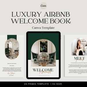May include: A green and gold welcome book template for Airbnb hosts. The cover features a welcome message with the text "Welcome to [your name's]" and a photo of a luxurious living room with a green velvet armchair and a gold coffee table. The template is designed for a 24-page book and is A4 size.