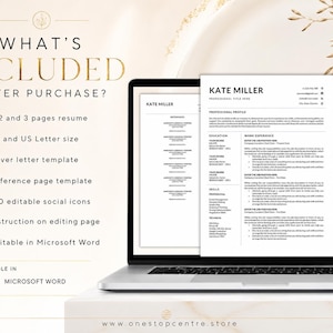 What’s included with the Kate Miller resume template: 1, 2 and 3 page resumes, A4 and US letter sizes, cover letter, reference page, icons and instructions.