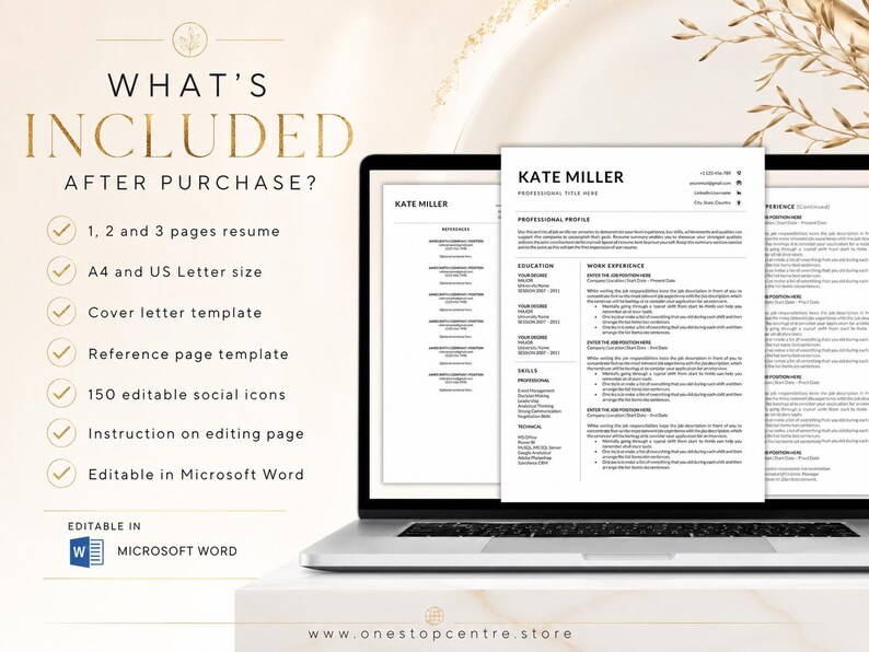 What’s included with the Kate Miller resume template: 1, 2 and 3 page resumes, A4 and US letter sizes, cover letter, reference page, icons and instructions.