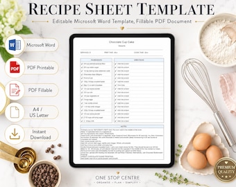 Recipe Sheet Template Printable Word PDF | Editable Recipe Card Template | Recipe Binder Organizer | Food Planner A4 US Letter