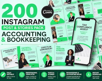 Accounting Bookkeeping Instagram Templates Canva | 200 Tax Payroll Social Media Posts Stories | Small Business Accountant Marketing Pack