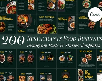 Restaurant Instagram Templates 200 Canva | Food Business Social Media Posts Stories Bundle | Restaurant Marketing | Cafe Food Promotions