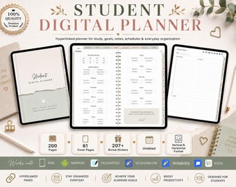 Hyperlinked Student Digital Planner GoodNotes | 200 Pages Vertical Horizontal | iPad Notability Undated Academic Planner Study Planners