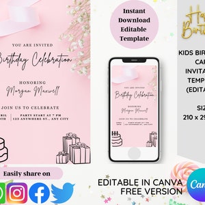 Pink Birthday Invitation, Girl Birthday Invitation template, Editable Invite Card, Girl Party Invite, Girl&#39;s Editable Invite, Printable Card