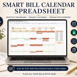Smart Bill Calendar Spreadsheet Google Sheets template with monthly dashboard, dynamic calendar, transaction overview, 4 tabs and 100 bills
