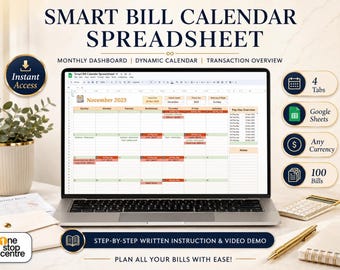 Bill Tracker Spreadsheet Google Sheets | Monthly Bill Calendar Template | Bill Payment Tracker | Expense Organizer | Due Date