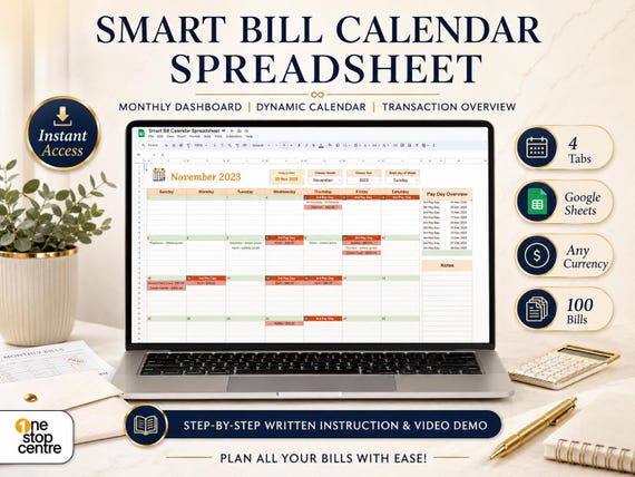 Bill Tracker Spreadsheet Google Sheets | Monthly Bill Calendar Template | Bill Payment Tracker | Expense Organizer | Due Date