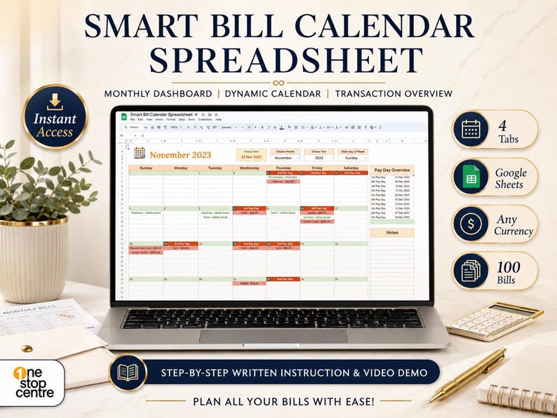 Smart Bill Calendar Spreadsheet Google Sheets template with monthly dashboard, dynamic calendar, transaction overview, 4 tabs and 100 bills