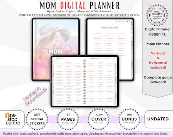 Puede incluir: Un planificador digital para madres con 154 páginas, más de 120 páginas de portada y 100 pegatinas de bonificación. El planificador está disponible en formatos vertical y horizontal. Incluye una guía completa y es compatible con dispositivos iPad y Android. El planificador presenta un esquema de color rosa y blanco con un fondo de acuarela y una ilustración de una madre y un niño.