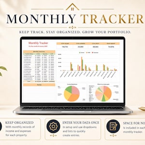 Monthly tracker for landlord property spreadsheet showing income, expenses, notes and profit margins for each property