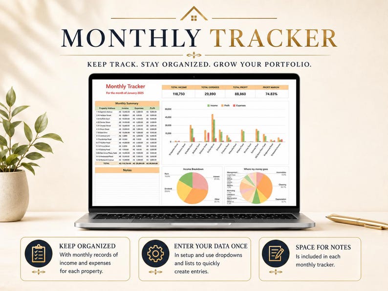 Monthly tracker for landlord property spreadsheet showing income, expenses, notes and profit margins for each property