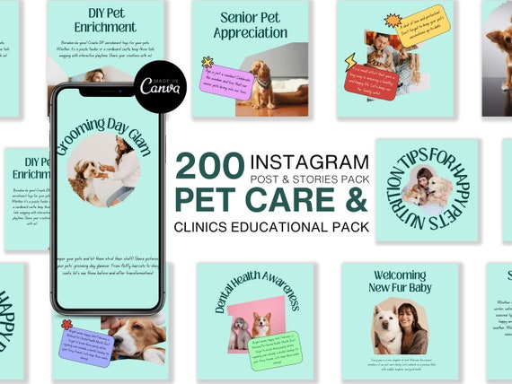Pet Wellness Instagram Templates 200 Canva | Pet Enrichment Grooming Social Media Posts Stories Bundle | Senior Pet Nutrition | Facebook
