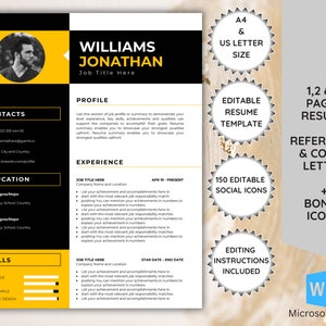 Peut inclure: Un modèle de CV noir et jaune avec une photo d'un homme dans le coin supérieur gauche. Le modèle comprend des sections pour les coordonnées, la formation, les compétences, le profil, l'expérience et des icônes sociales modifiables. Le texte "1, 2 & 3 Pages CV", "Lettre de référence et de présentation", et "Icônes bonus" est également inclus. Le modèle est modifiable dans Microsoft Word.