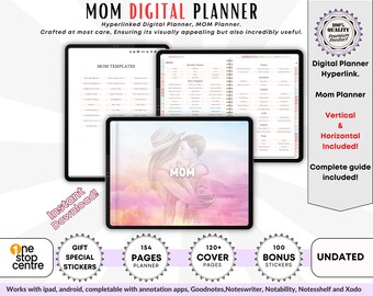 Puede incluir: Un planificador digital para mamás con 154 páginas, más de 120 páginas de portada y 100 pegatinas de bonificación. El planificador está hipervinculado e incluye diseños verticales y horizontales. La imagen muestra a una madre y un niño sobre un fondo rosa y morado.