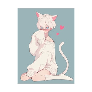 White Cat Femboy - Cat Boy - Matte Vertical Art Print