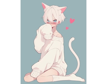 White Cat Femboy - Cat Boy - Matte Vertical Art Print