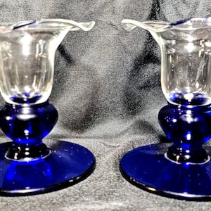 Vintage- 2er-Set- Princess House- Kobalt Blau und Klarglas- Tulpenförmige Kerzenhalter