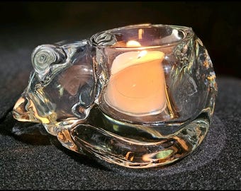 Vintage- Indiana Glass- Sleeping Kitten Votive Candle Holder