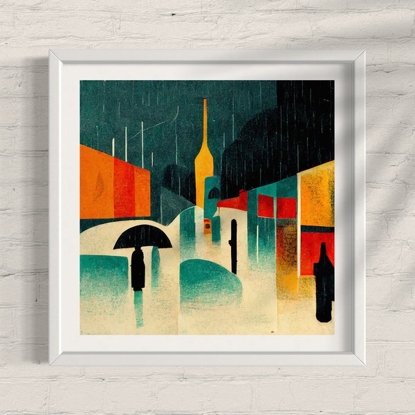 Rainy Day in the City: A Mid-Century Oil Painting of Colorful Umbrella-toting Pedestrians, Minimalist Printable Wall Art, DIGITAL Art Print