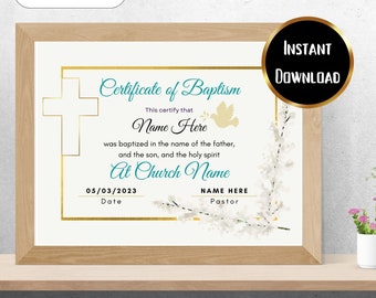 Op de afbeelding: Een printbaar doopcertificaat met een gouden kruis, een witte duif en een bloemmotief. De tekst luidt "Doopcertificaat", "Dit certificeert dat", "Naam hier", "gedoopt is in de naam van de vader, de zoon en de heilige geest", "In de kerk Naam", "05/03/2023", "Datum", "NAAM HIER", "Predikant".