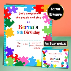 Puzzle Birthday Invitation, Autism Birthday Invitation, Puzzle Invitation, Boy Birthday, Girl Birthday, Kids Birthday Invitation, Kids Party