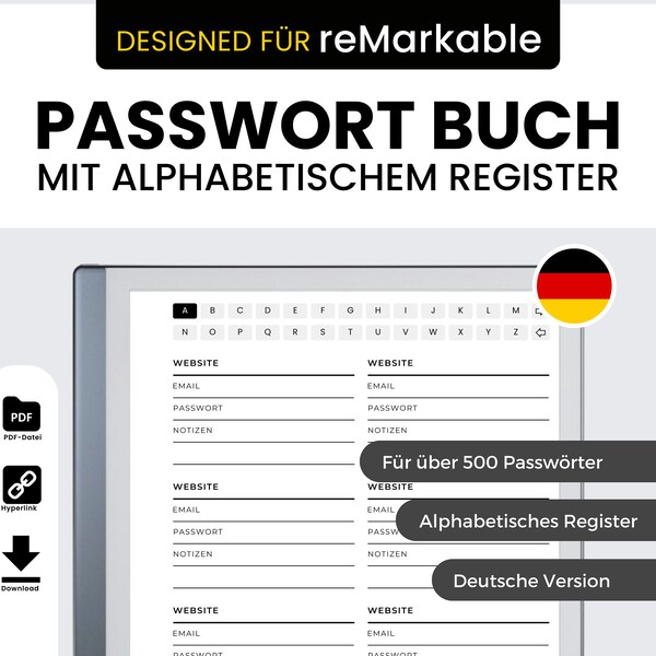 Passwort Buch für Remarkable 2 in Deutsch, Passwort Tracker, Remarkable 2 Templates Deutsch