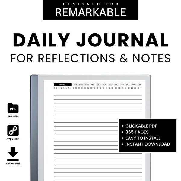 Daily Journal for reMarkable, Lined Notebook with 365 Pages , reMarkable 2 Templates, Hyperlinked PDF Download