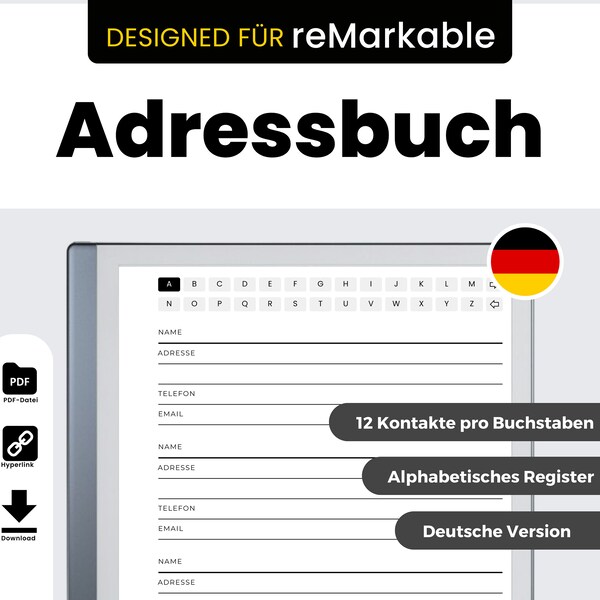 Adressbuch für reMarkable (Deutsche Version), Digitale Kontaktliste, reMarkable 2 Templates Deutsch, Digitaler Download