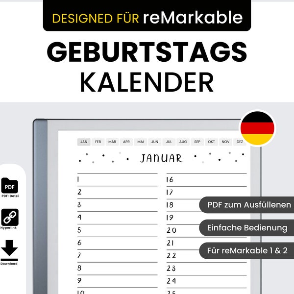 Geburtstagskalender für Remarkable | Geburtstag Tracker | Remarkable 2 Templates Deutsch | Digitaler Download