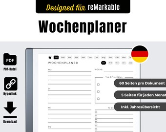 Wochenplaner für reMarkable 2  | Undatierter Planer | reMarkable 2 Templates Deutsch | Digitaler Download | Terminplaner minimalistisch