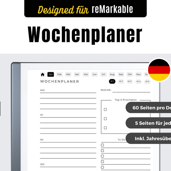 Wochenplaner für reMarkable 2  | Undatierter Planer | reMarkable 2 Templates Deutsch | Digitaler Download | Terminplaner minimalistisch