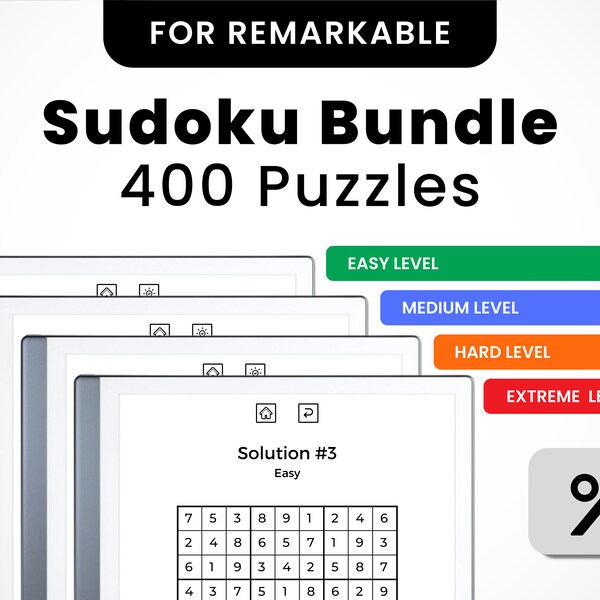 reMarkable 2 Sudoku Bundle | 400 Puzzles from Easy to Extreme Hard, including Solutions and Table of Content | Digital Download